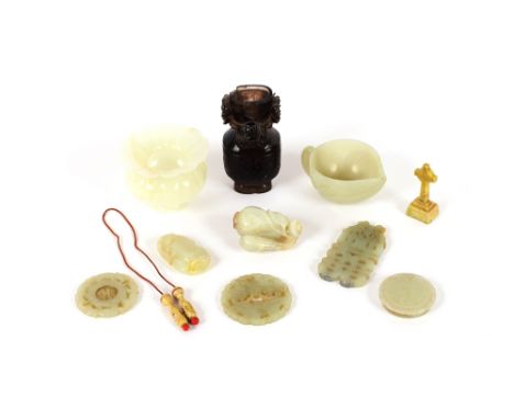 Various Jade and hardstone ornaments; a hardstone leaf shaped Libation cup etc.