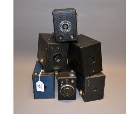 Selection of Box Cameras: Lucos III Box Camara, Coronet Portrait Lens Box Camera, Kodak No. 2A Brownie Box Camera in Blue, Ko