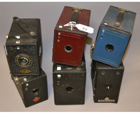 Selection of box cameras: Vintage ENSIGN E29 Box Camera, Ensign All-Distance Twenty Camera, No 2A Box Brownie, Kodak Bright R