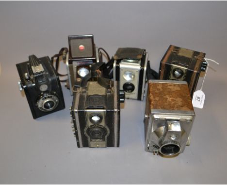 Selection of Box Cameras: Gilbert Box Camera by RF Hunter Ltd., Kodak Duraflex, Gevaert Gevabox, Duaflex 4, Coronet Twelve - 
