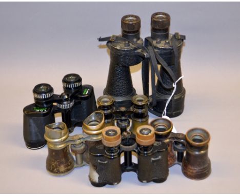 Six pairs of vintage binoculars, makers include; Mourant and others
