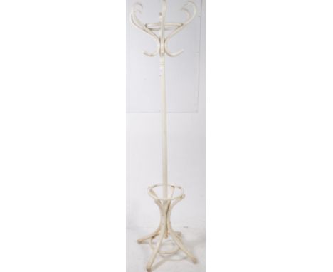 A 20th century Thonet style bentwood floor standing coat / hat rack. Having swan neck hooks, with central column with acorn f