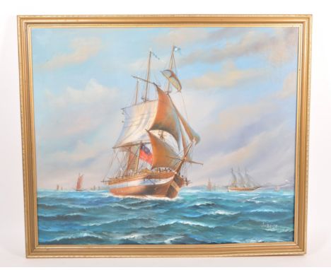 Ambrose - Late 20th century oil on canvas painting of a maritime landscape depicting ships at sea. Signed by the artist 'AmBr