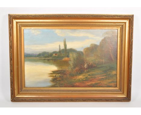 1924 oil on canvas landscape rural countryside painting. Depicting a man walking alongside a lake in the countryside. Artist'