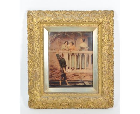 19th century Italian reverse glass painting within a gilt painted wooden frame. Painting featuring a man standing in a gondol