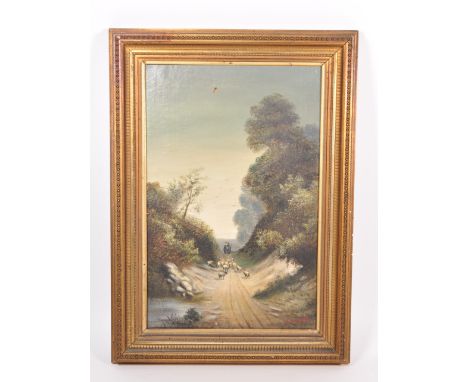 R Pope - 1890 oil on canvas painting of a shepherd and his sheep against a rural countryside landscape. Housed within a gilt 