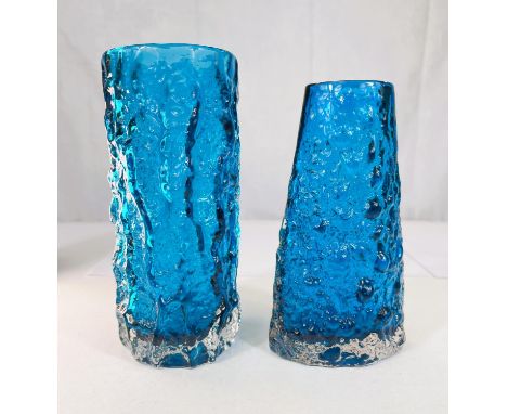 Whitefriars Geoffrey Baxter designed 'Volcano' glass vase in Kingfisher blue pattern 9717, textured pattern height 18cm; A Wh