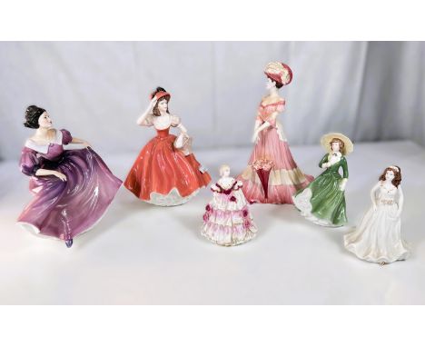 Coalport: six ceramic figures, High Society 'Lady Charlotte' limited 4 of 5000 (parasol handle missing), Ladies of Fashion 'F