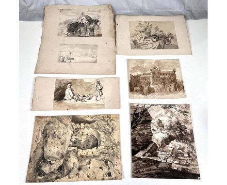 An 18th century bistre pen and wash sketch of figures 93x105mm and 4 others on 2 album leaves&nbsp; 