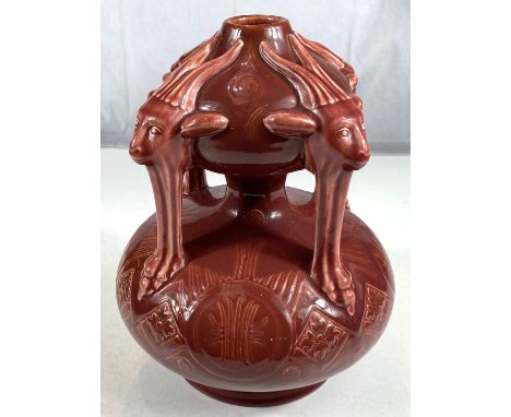 Dr Christopher Dresser unusual continental double gourd shaped vase with goat mask mounts, signed to base, possibly for Linth