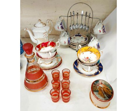 A continental 6 setting coffee set on vertical stand; a Harlequin set of Paragon teaware (6 cups and saucers)a liqueur set, e