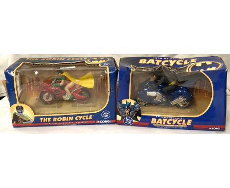 Corgi DC comics, 1/16th scale models in boxes 'Batcycle' and 'The Robin Cycle' (boxes worn) 