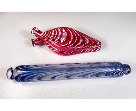 A Nailsea blue and white glass rolling pin and a pink and white double scent bottle 