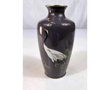 A Japanese Ando Factory cloisonne vase with heron decoration on grey background, signature to base, height 15cm