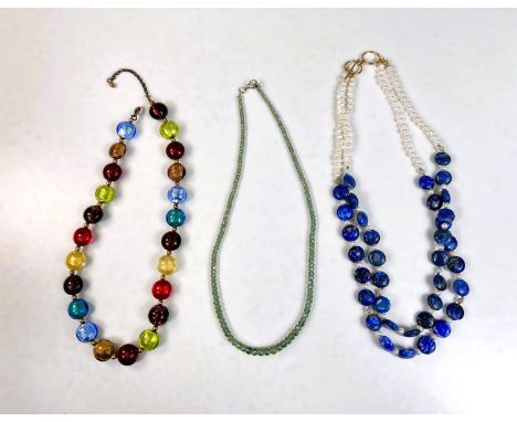 A MURANO, tutti frutti bead necklace, a lapis lazuli and river pearl double strand necklace , a faceted green hardstone neckl