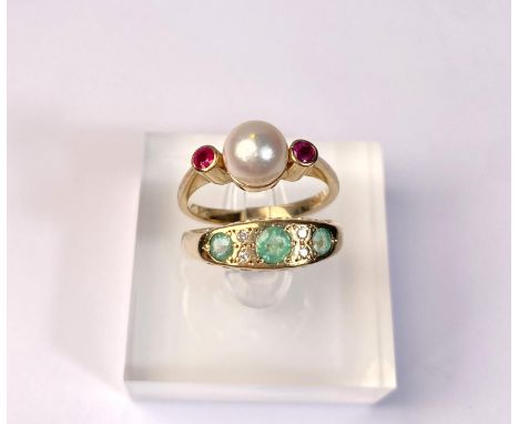 A 9ct gold ring set with a central pearl flanked by 2 small rubies, 3.3gm size N: a 9ct gypsy style ring set with 3 green sto