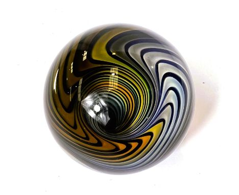 An unusual giant glass marble, with swirling vortex illusion inside, monogramed K to base, diameter 6cm