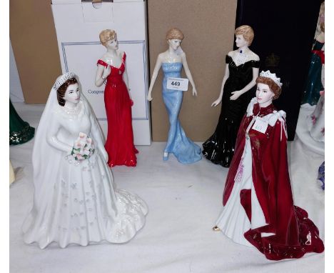 A collection of five boxed Royal ceramic figurines, Coalport 'Diana Forever in our Hearts' 3885/9500 with cert, Two Royal Wor