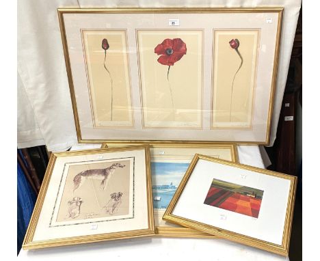 20th Century:&nbsp; 3 poppies, signed artist's print; cottage landscape, signed print; a print of 3 dogs; a print of Royal Bi