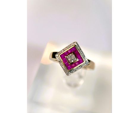 A 9ct hallmarked gold dress ring with offset square with bands of small diamonds and rubies, 2.5gm, size L; a 9ct ring, boat 