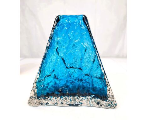 Whitefriars Geoffrey Baxter designed 'Pyramid' glass vase in Kingfisher blue, bark effect texture, pattern number 9674, heigh