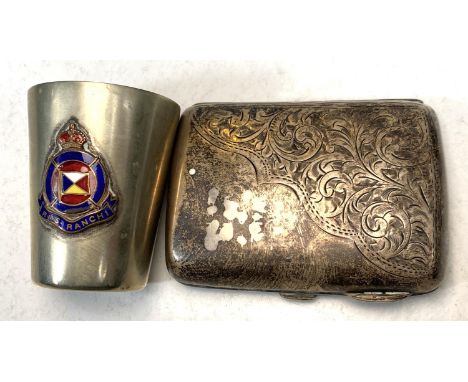 A hallmarked silver cigarette case with engraved decoration, 74gm; an EPNS tot measure with enamel badge for RMS Ranchi 