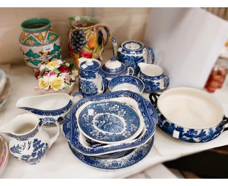 A Charlotte Rhead tube lined ovoid vase, ht. 20.4cm;&nbsp;A selection of "Abbey" and other blue and white dinner and teaware