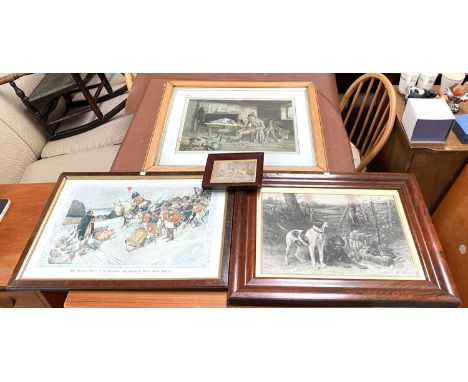A large monochrome Victorian print of gundogs, in original rosewood frames and 2 other prints 