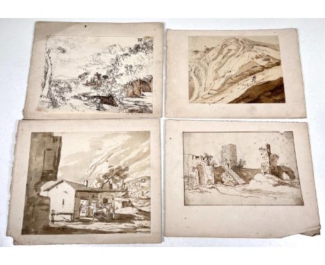 "HIGHWAY"- an early 19th century bistre pen and ink sketch 16x20cm and 3 others 