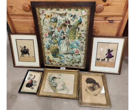 A Victorian collage picture in frame (old stamp to back) 42x29cm, two 1920's mixed media silhouette pictures, a framed silk e