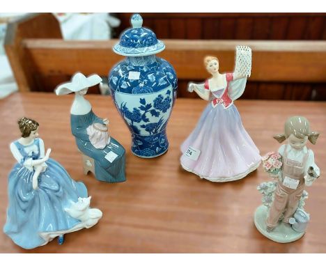 Two&nbsp;Royal Doulton figures "Lorraine" and "June"; 2 Lladro figures, girl with a bird and a modern Chinese blue and white 