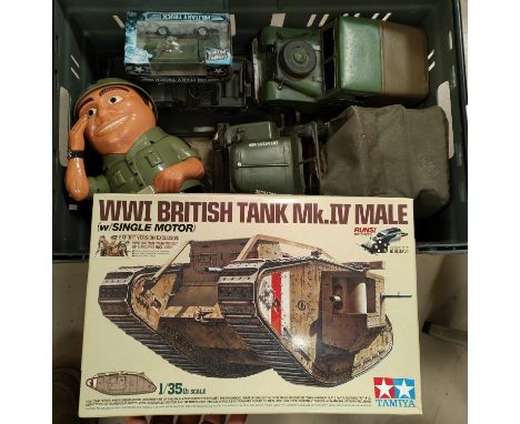 A boxed and sealed interior Tamiya 1/35th scale model kit of a WWI British Tank, MK.IV male single motor, Army Jeep models of