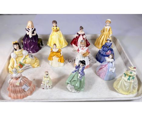 Thirteen ceramic miniatures including Royal Doulton Affection, Top of the Hill, Royal Worcester Brides Maid, Party Dress and 