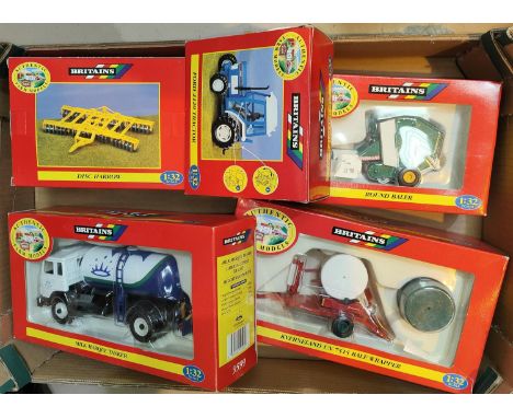 Five boxed Britians 1:32 scale vehicles boxed, Ford 2120 Tractor, Milk Marque Tanker, Round Baler, Disc Harrow, Kverneland Ba