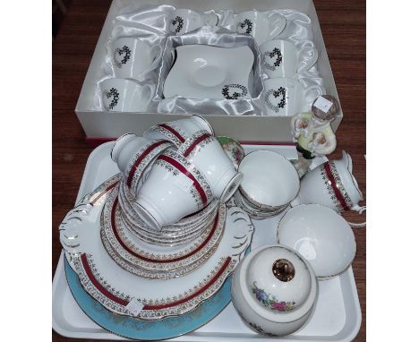 A Royal Worcester figure 'All Mine'; a Collingwood gilt and floral 12 setting part tea set; a boxed anniversary tea set etc 