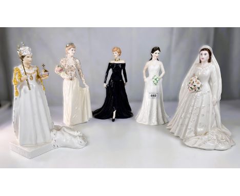 Five ceramic Royal figures, Royal Worcester Queen Elizabeth II 2007 Wedding Anniversary figure, Coalport Queen Elizabeth II 2
