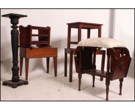 An ebonised torchere plant stand together with an oak coaching / luggage stand, Georgian mahogany commode and a 1920's piano 