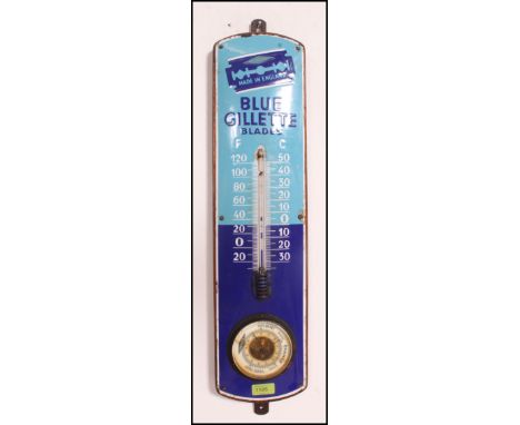 A vintage 20th century original Blue Gillette Blades Enamel Advertising Plaque, with thermometer and barometer, ( minor ename