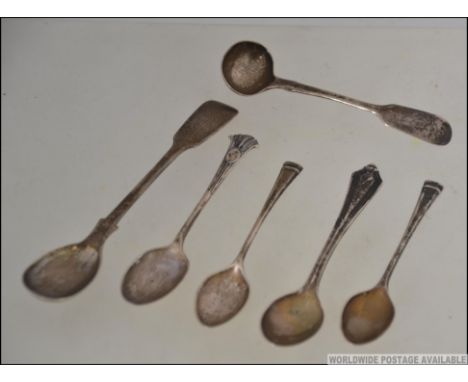 6 various silver hallmarked spoons to include ladles and teaspoons. Victorian ladel by Charles Shipway, London 1838, Robert, 