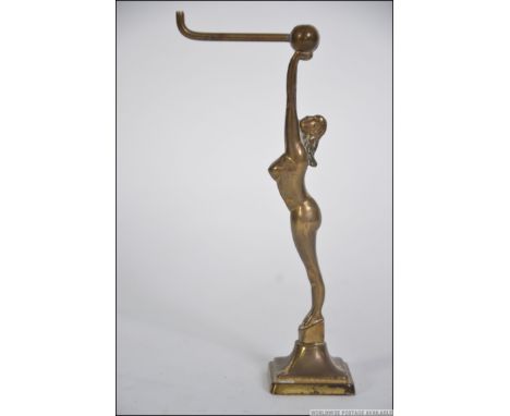 A 1930's Art Deco brass pocket watch stand holder in the form of a maiden with hook atop, plinth base. Measures 14cms high