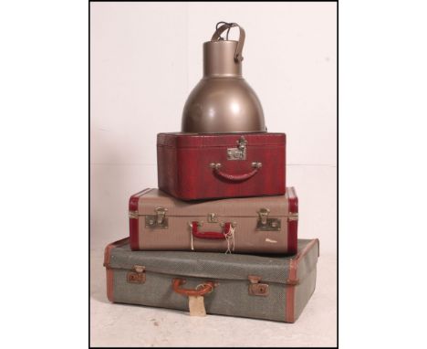3 vintage suitcases to include early and mid 20th century, ladies vanity etc together with a factory style pendant light. Mea