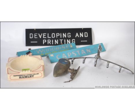 A vintage Woodbine and Capstan smoking advertising plastic signs together with an Austin motoring car badge, Ships light, Ham