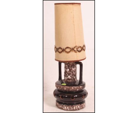 A 1970's twin handled retro West German style Fat Lava style UFO floor lamp with hessian type shade