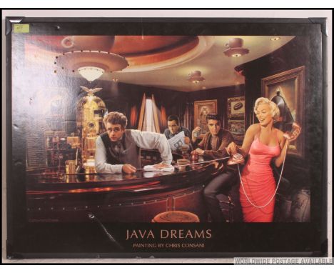 A mounted print of Elvis, James Dean, Marilyn Monroe and Humphrey Bogart together in a bar having LED lights throughout ( ope