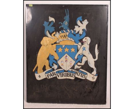 A large vintage painted metal pub sign with handpainted coat of arms design and the notation for ' The Packington Arms '  Mea