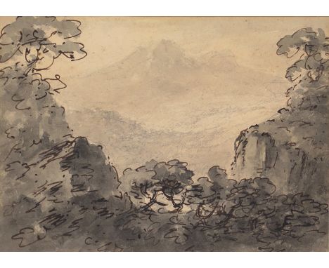 Reverend William Gilpin (1724-1804) Landscape with distant mountain With studio blind stamp Pen, pencil and wash on buff pape