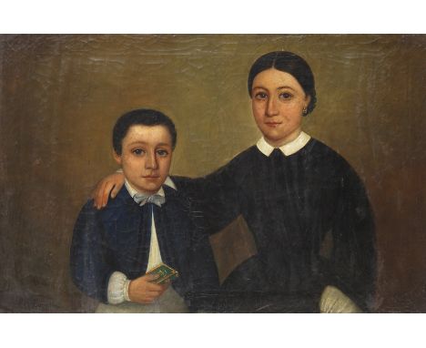 American School 19th Century Portrait of a mother and son Signed P. Foy and dated 1866 Oil on canvas 43 x 66cm; 17 x 26in ++U