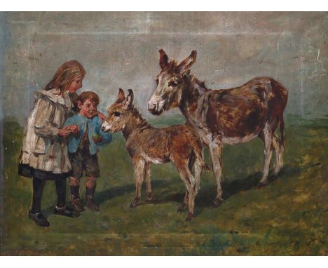 John Emms (1843-1912) Feeding the donkeys Signed Oil on canvas 35.5 x 46cm; 14 x 18in ++Unlined, an area of retouched paint l