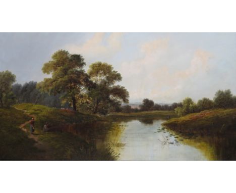 English School 19th Century Figures in a river landscape Signed indistinctly W.R.Coo*/* Oil on canvas 46 x 81cm; 18 x 32in ++