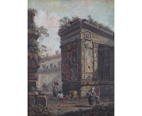Follower of Abraham Louis Rodolphe Ducros  Peasants by a Roman arch Watercolour 58.5 x 45cm; 23 x 17¾in ++Foxing and staining